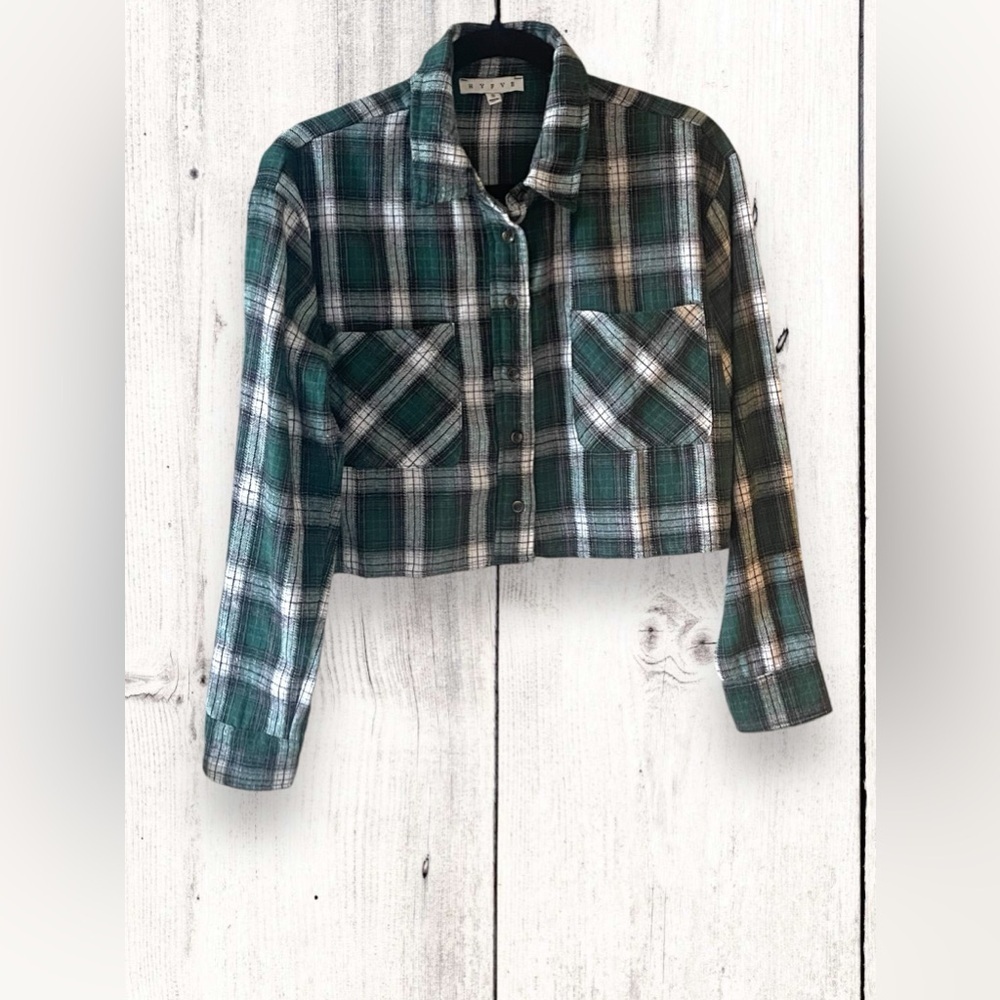 Hyfve Cropped Shirt Women S Small Green Plaid Button Up Collared Long Sleeve